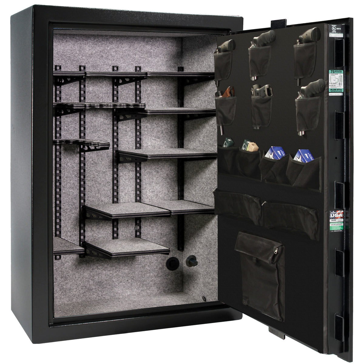 Colonial 35 | Pro Flex Interior | Level 4 Security | 75 Minute Fire Protection | Dimensions: 60.5&quot;(H) x 42&quot;(W) x 22&quot;(D) | Up to 45 Long Guns | Black Textured | Mechanical Lock – Open