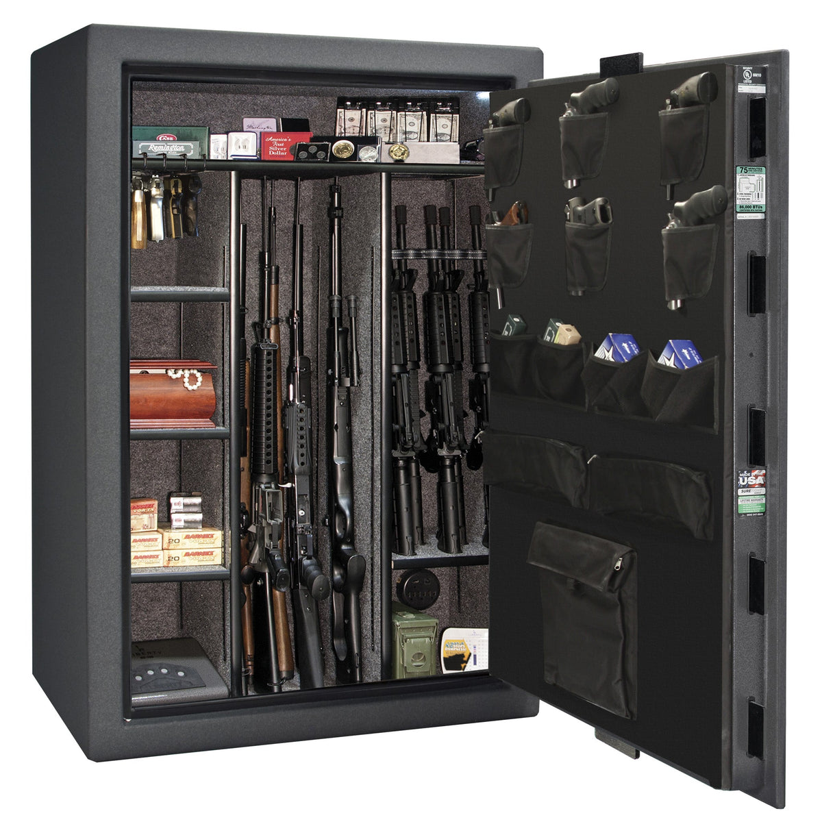 Fatboy Jr. Series | Extreme 6-in-One Flex Interior | Level 4 Security | 75 Minute Fire Protection | Dimensions: 60.5&quot;(H) x 42&quot;(W) x 22&quot;(D) | Up to 45 Long Guns | Granite Textured | Mechanical Lock – Open